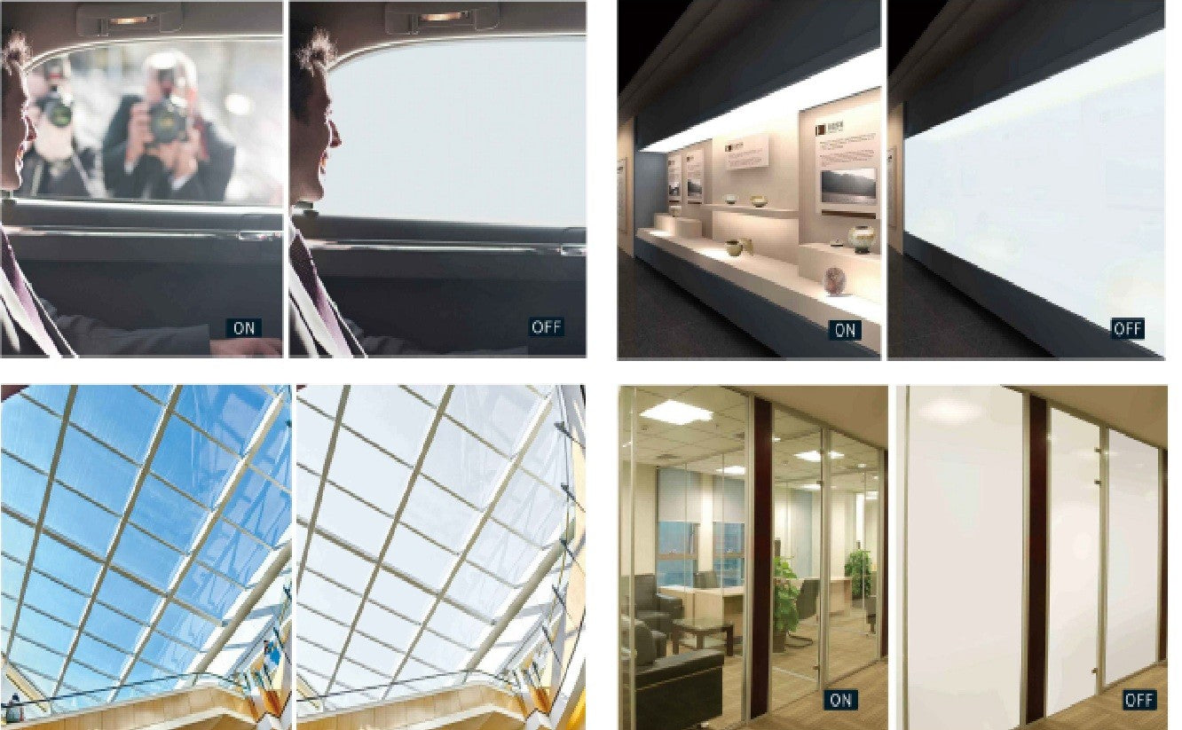 A collage of six panels demonstrating smart glass window films. The top row shows a car window with a visible reflection labeled 'ON' and a clear pane labeled 'OFF', alongside an interior wall comparison.