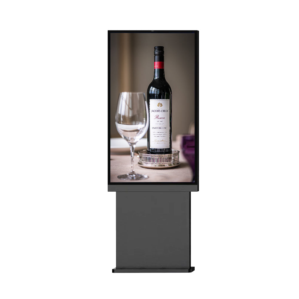 Digital display screen showing a bottle of wine and a glass on a white background