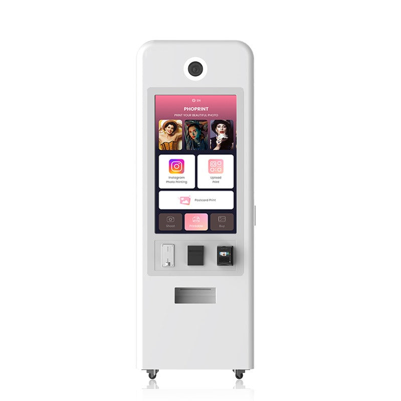 White photo kiosk with digital display on a white background