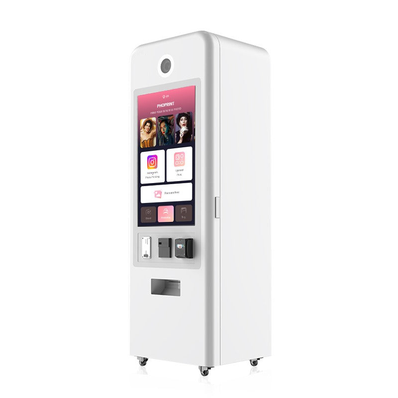 White touch screen Foto vending machine on a white background