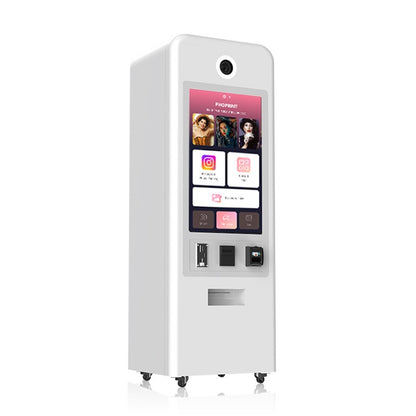 White touch screen kiosk on a white background