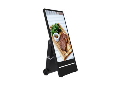 Digital display screen showing a steak dish on a white background