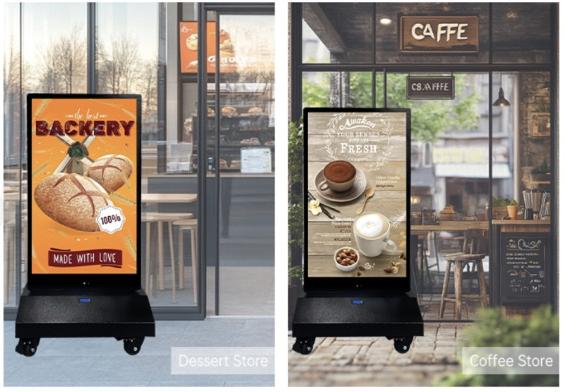 Digital display stands in a dessert store and coffee shop with bakery and coffee-themed content.