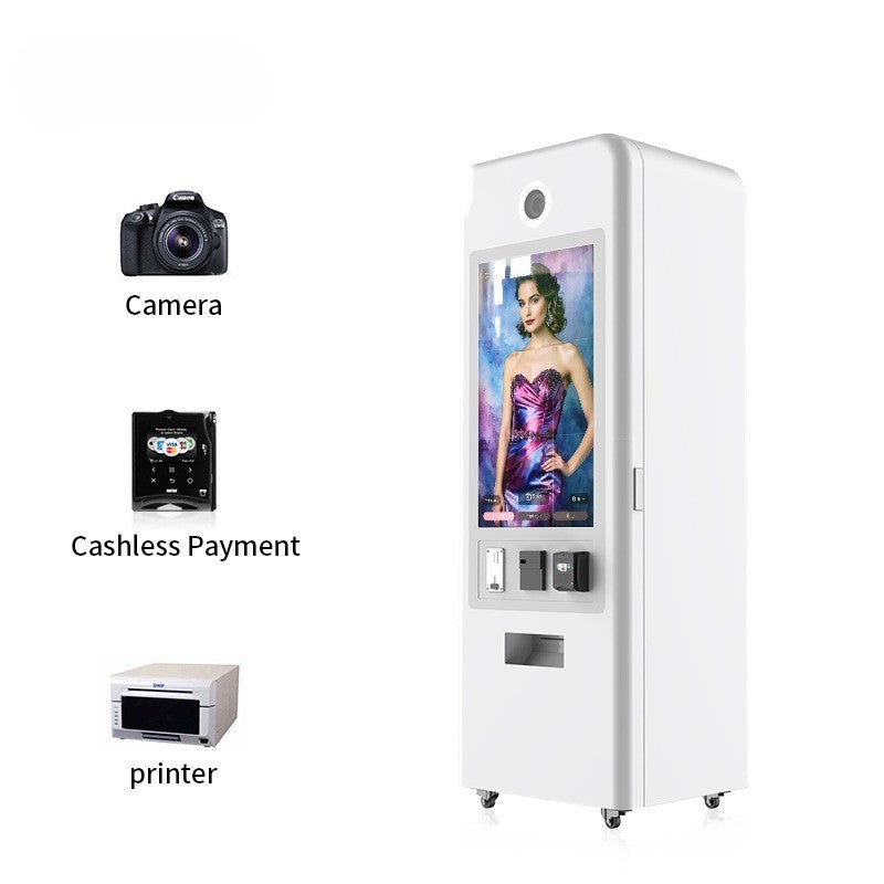 Vending machine with camera, cashless payment terminal, and printer labeled on a white background