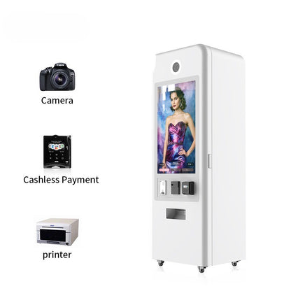 Vending machine with camera, cashless payment terminal, and printer labeled on a white background
