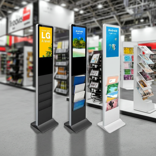 Digital kiosks in a retail store with various screens displaying different content, and with holding placement for magazines Katalog 