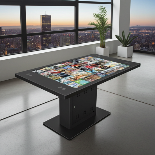 Multitouch screen table in a modern office setting with cityscape view