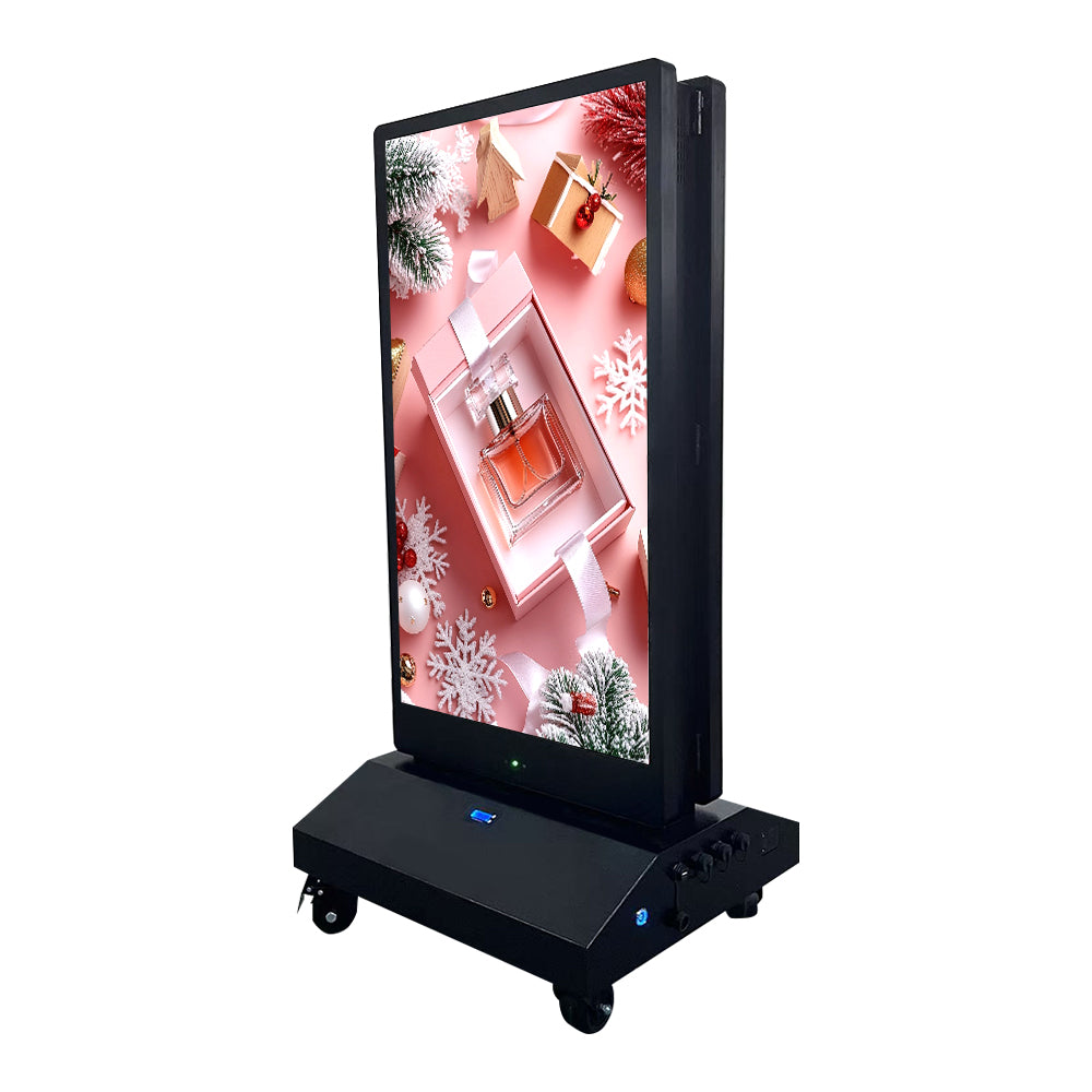 Digital display screen with a Christmas-themed advertisement on a white background