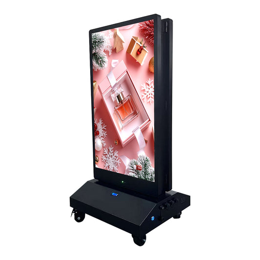 Digital display screen with a Christmas-themed advertisement on a white background