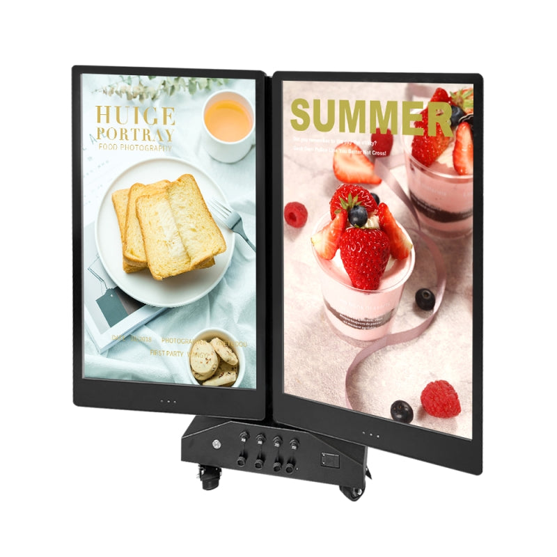 Double-sided digital display self battery power with food images on a white background