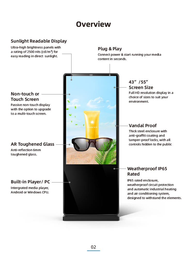 A 55-inch interactive touchscreen kiosk with a stainless steel body and white painted base, featuring a display that shows a promotional image and touch-sensitive controls.